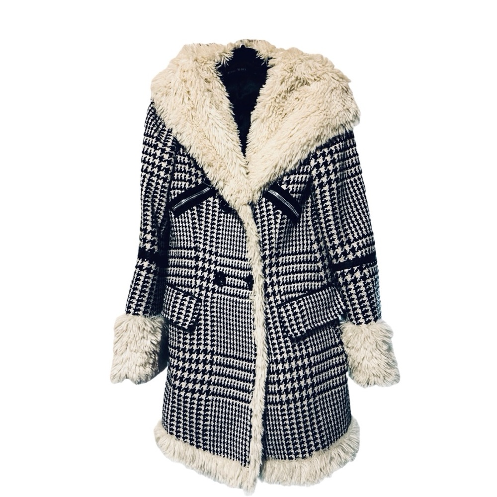 Marc Aurel Penny Lane Houndstooth Wool-Blend Coat Faux Fur Trim Size US M/EU 38